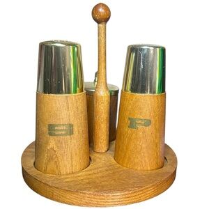 Vintage Mid Century Wood Brass Salt Pepper Mustard Condiment‎ Set MCM Retro READ